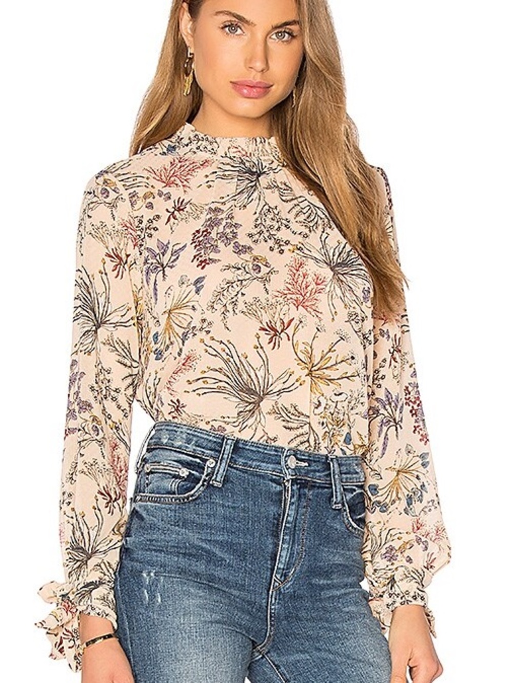 WAYF Cream Floral Tie-Sleeve Mock Neck Blouse